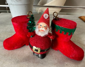 Very RARE vintage Pipe cleaner Santa from Japan, Japanese Santa elf, Flocked Danta and Boot Ornaments