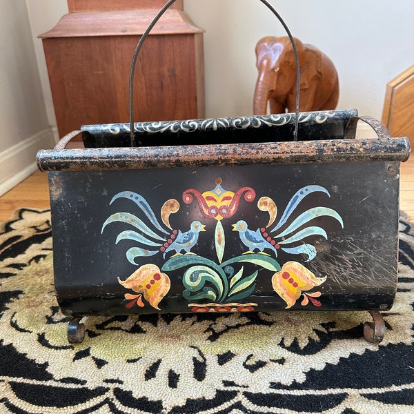 Vintage Toleware Magazine Rack, Shabby Chic  Magazine Holder, Hand Painted Black with Tulips  & Blue Birds,  Metal (Wrought Iron and Tin)