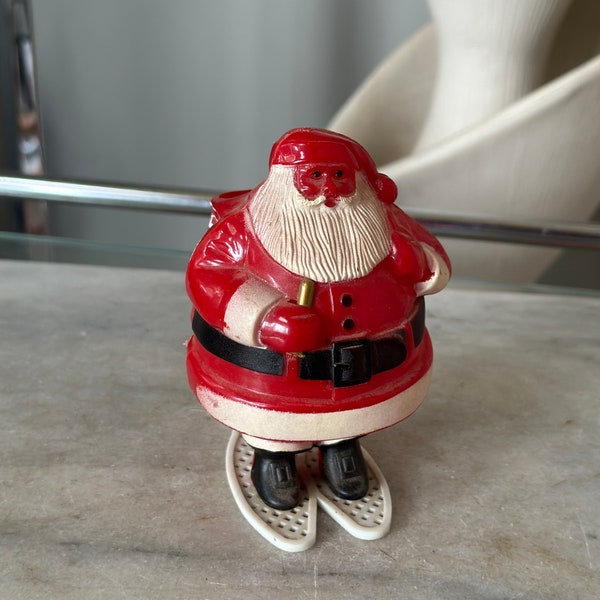 Vintage Christmas Rosen Rosbro Plastic Santa Claus on Snow Shoes Candy Container4 1/2” USA