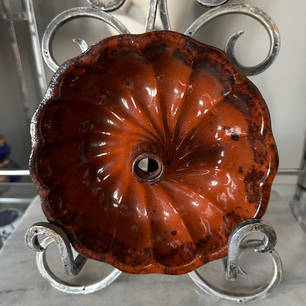 Primitive Bundt Mold Glazed Redware Pottery Cake Pan Vintage