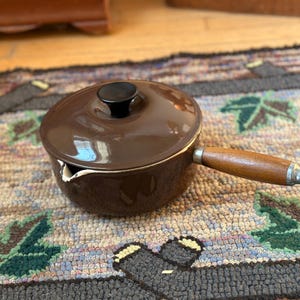 Vintage Le Creuset #18 Saucepan: Brown Cast Iron Enamel, Wooden