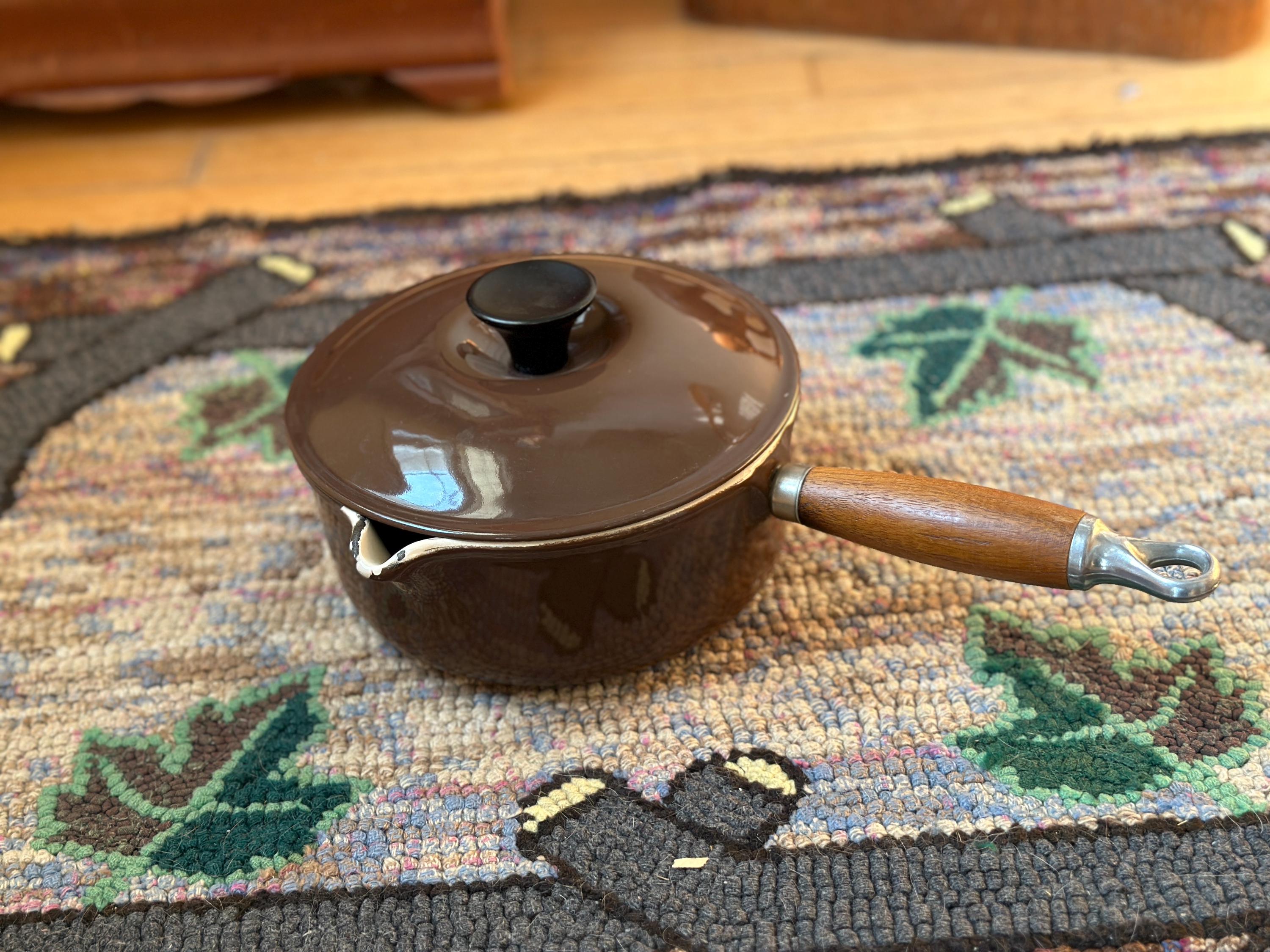 Vintage Le Creuset #18 Saucepan: Brown Cast Iron Enamel, Wooden