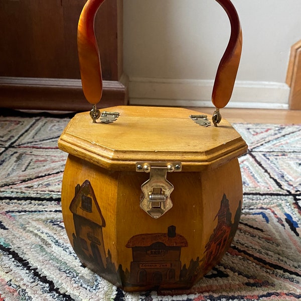 Vintage 1960s 60s Mid Century Wooden Octagon Box Purse Handbag w Decoupage House Accents