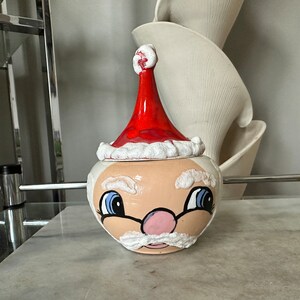 Vintage Hand Painted Textured Ceramic Santa Claus Lidded Candy Bowl Trinket Dish