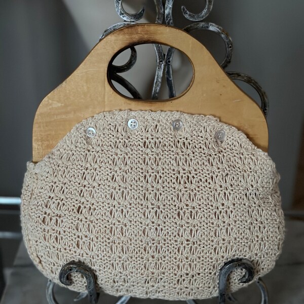 Vintage LE Jule Bermuda Bag, Crochet Knit Wood handle Purse Handbag, Good used condition,  Made in Hong Kong
