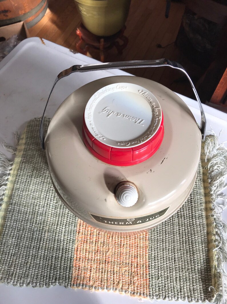 1950s Thermal Cooler Vintage Brown and Ivory metal finish Knapp Monarch Therm-a-Jug holds 1 Gallon thermos
