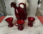 New Martinsville MOONDROPS Ruby set of 3 Whiskey 2 oz glasses and Unique Ruby Art Glass Decanter