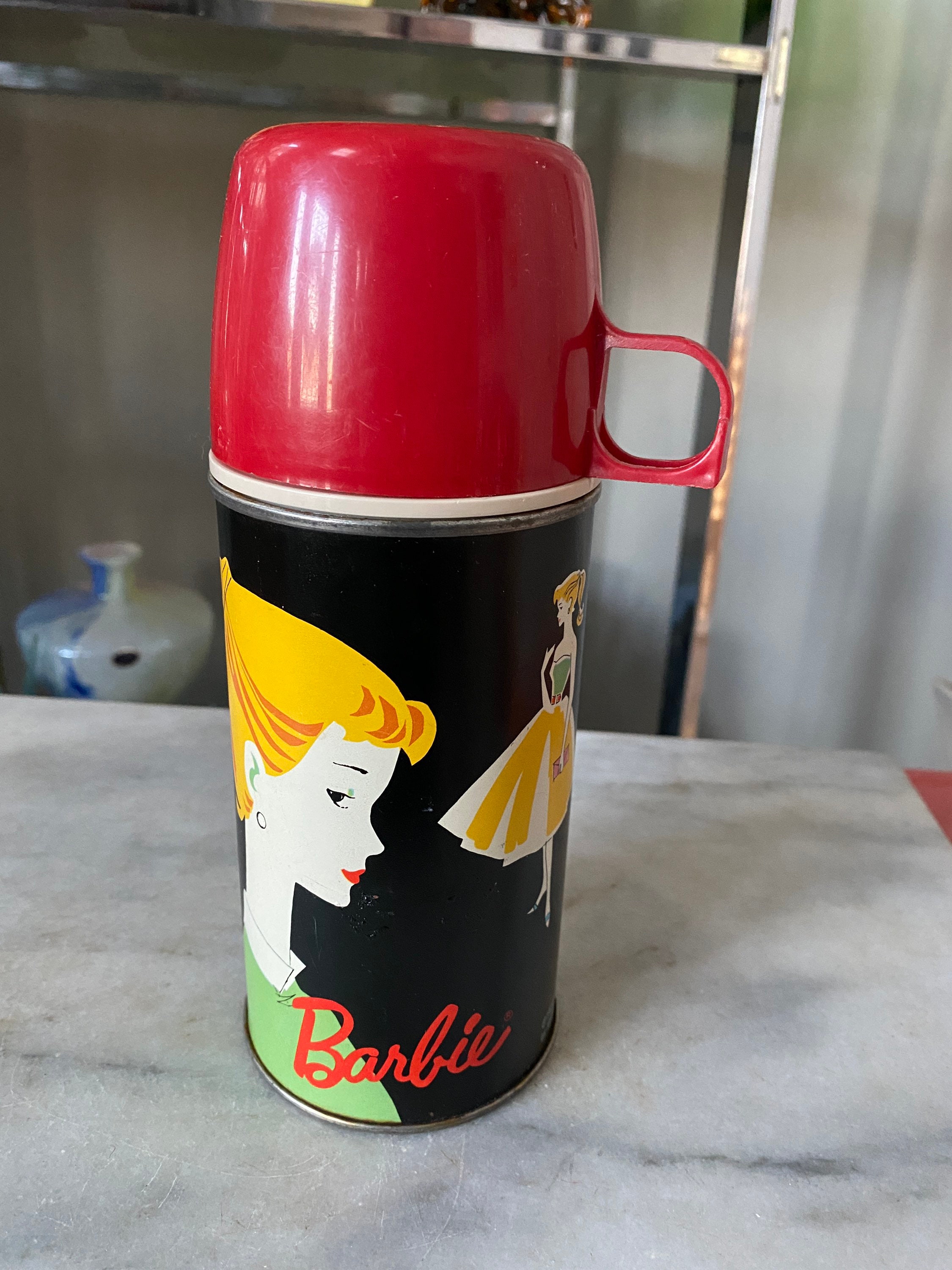 Vintage 1962 Ponytail Barbie Thermos, Great Graphics, Red Cup 10 Oz 