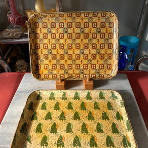 Vintage Boho Distressed Trays (2) | Leaves and Egyptian | Paper Mache Vintage Shabby Chic | Vintage Barware | Made in Japan | Alcohol Proof