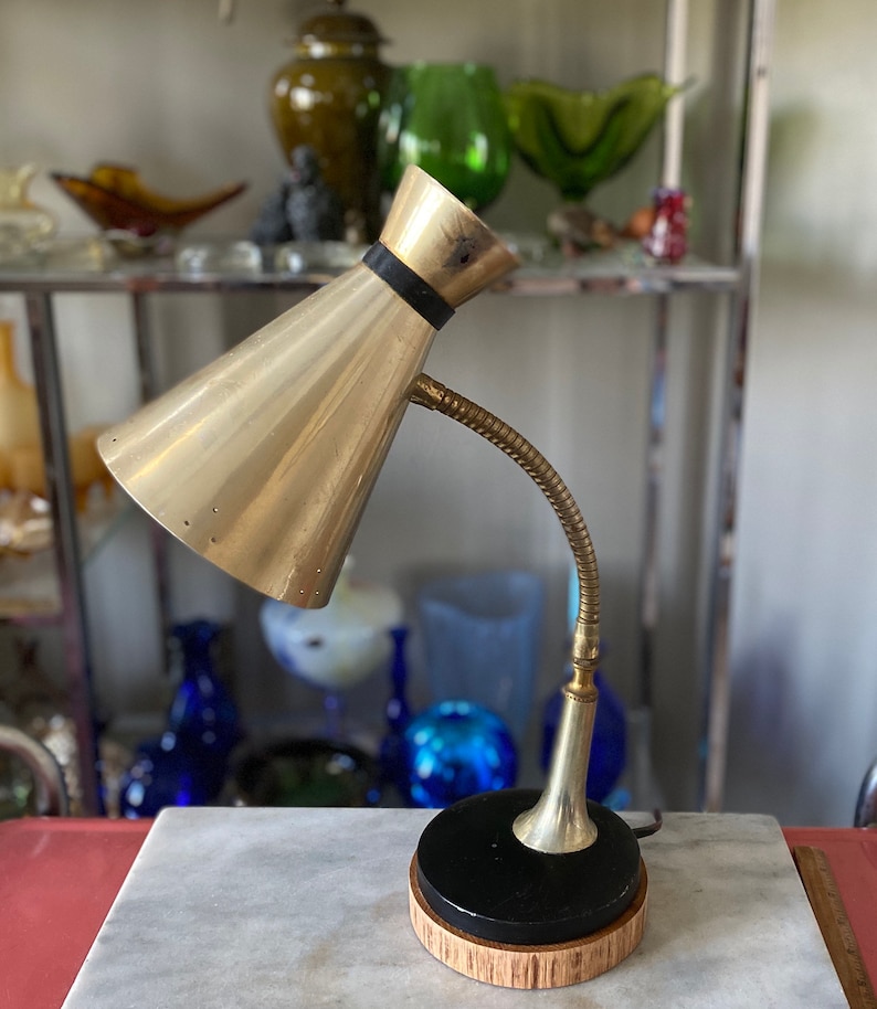 Vintage 1960s Atomic Gooseneck Metal Desk Lamp Gold Tone Vintage 1960s Atomic Gooseneck Metal, Gold Tone Desk Lamp