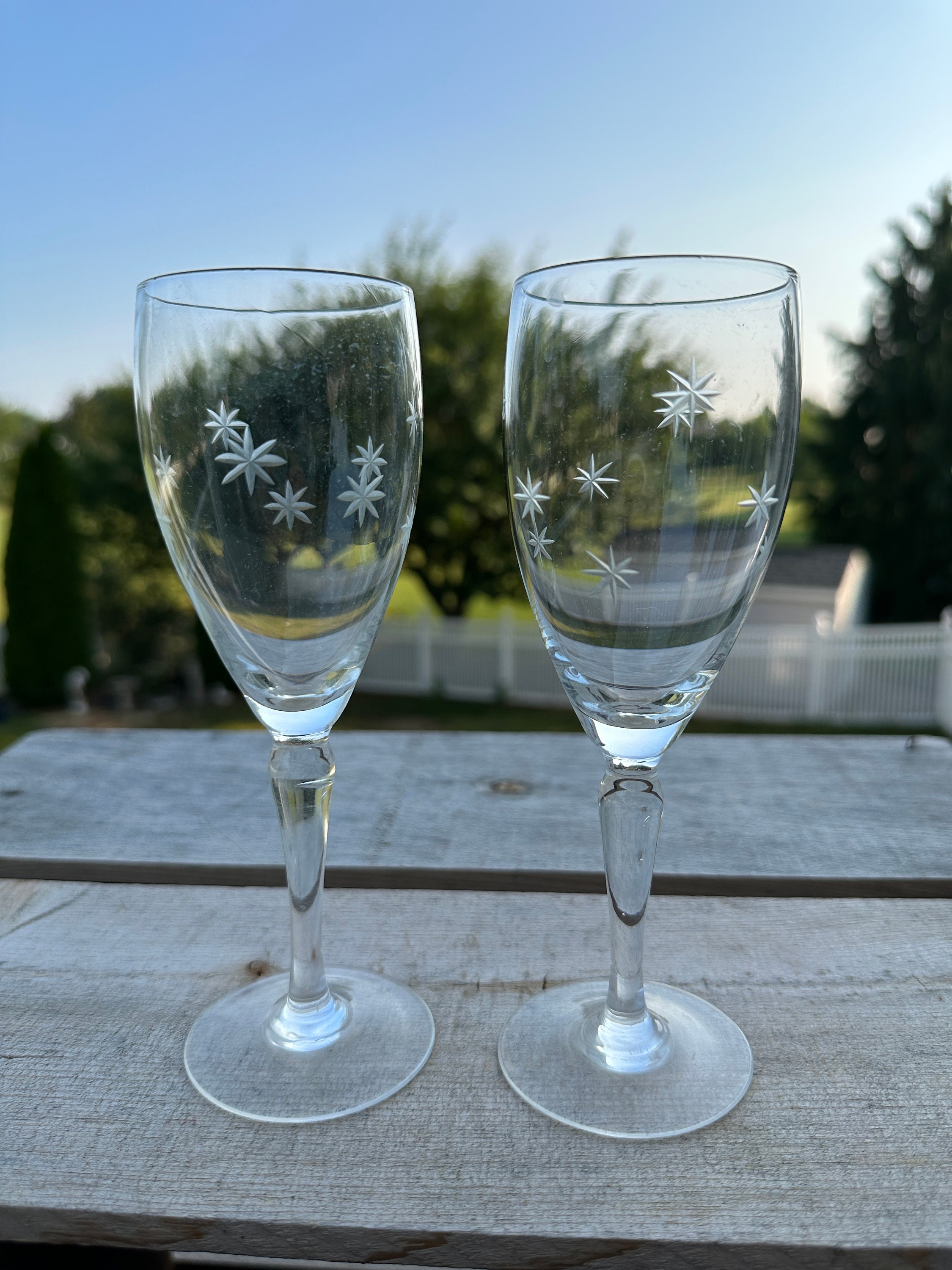 Vintage Atomic Starburst Etched Glass Pair of Small Wine 