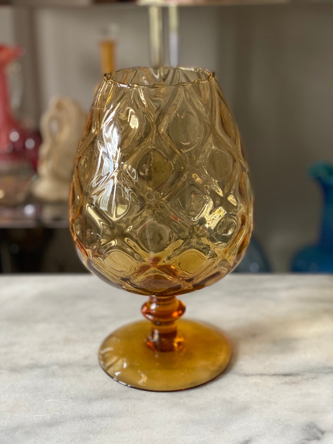 11 Tall Vintage Brandy Snifter Quilted Amber Glass Etsy