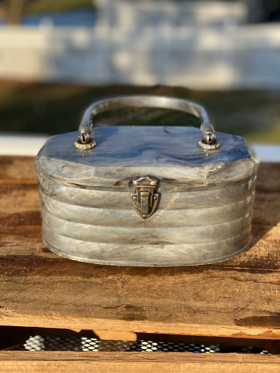 Vintage Gray Lucite Purse | Marbled Gray Oval Luci
