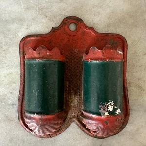 Antique Red & Green Painted Tin Wall Match Holder