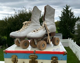 Vintage White Leather Roller Skates with Wooden Wheels Vintage Red, White & Blue Metal Skate Case with Skates Metal Suitcase | Size 7 Women