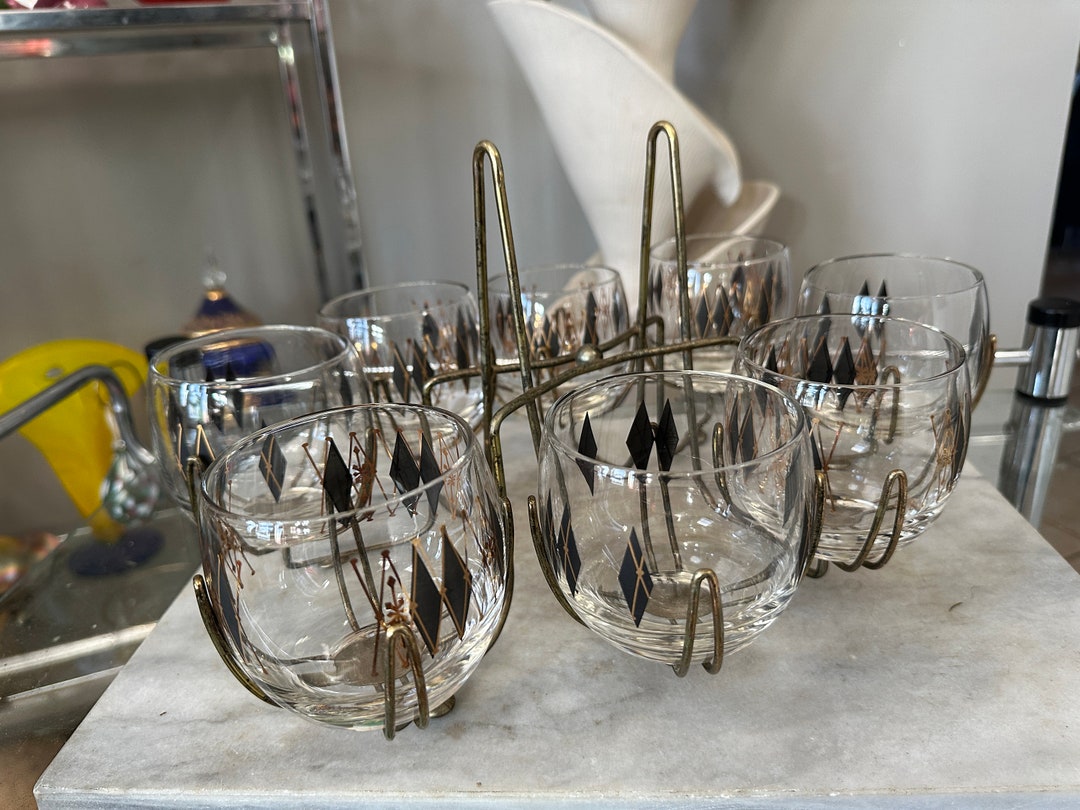 Mid Century Roly Poly Whiskey Glasses Federal Glass Company Black Diamond Set of 8 Glasses With ...