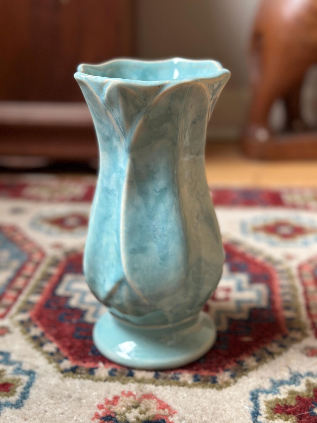 Vintage Blue Drip Glaze Pottery Vase | USA 696, Leaf Design - Etsy