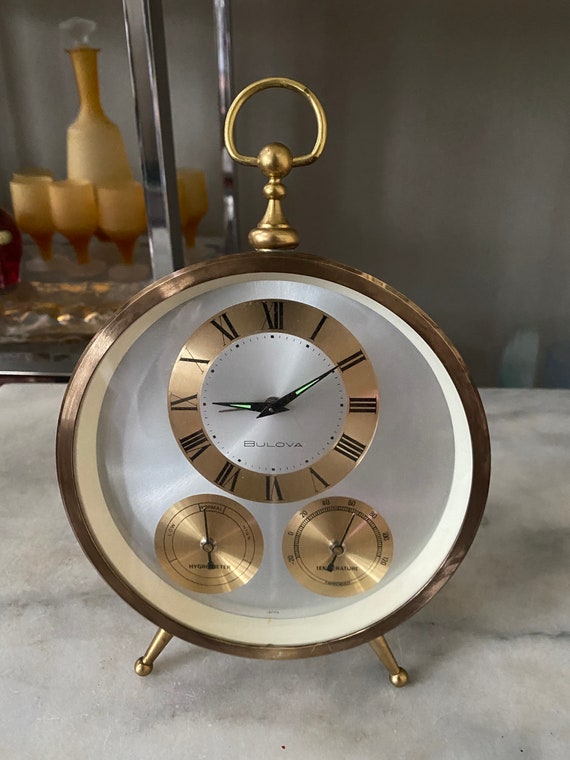 MCM Bulova Alarm Clock W Weather Station /bulova Clock/brass Etsy