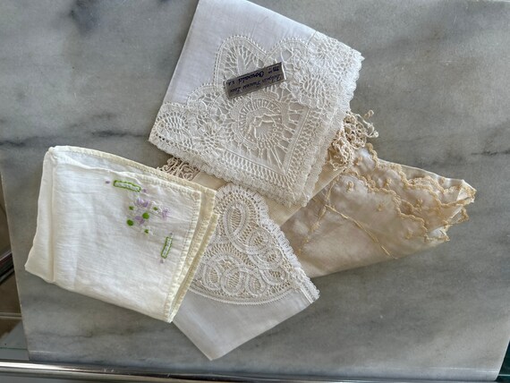 5 Vintage Shabby Chic Linen and Lace Hankies - Go… - image 1