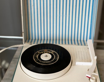 Vintage Record Player Retro 1980s ATCO + Model 154B + Plays 45 + Vinyl + Portable Turntable + Striped Case + Home Audio + Music Decor