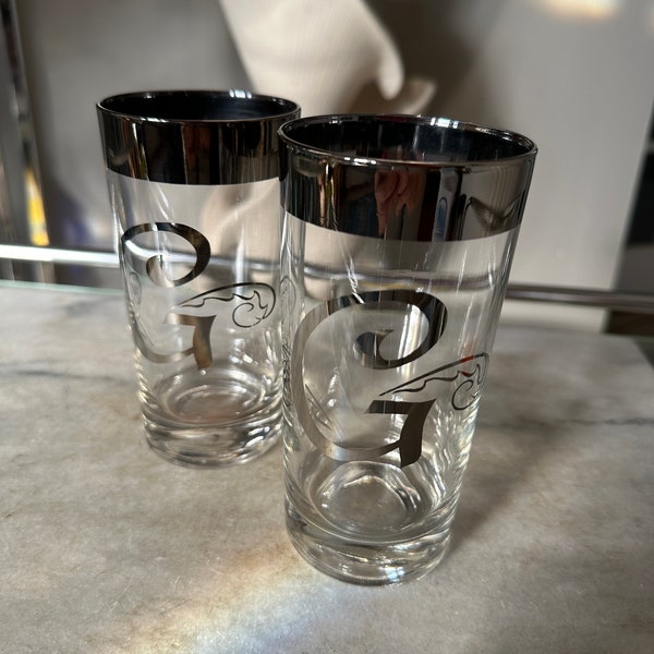 Set of 2  Dorothy Thorpe Style Mercury Platinum Highball Glasses- Monogrammed Letter G- Textured | MCM Barware | Pair of Cocktail Glasses