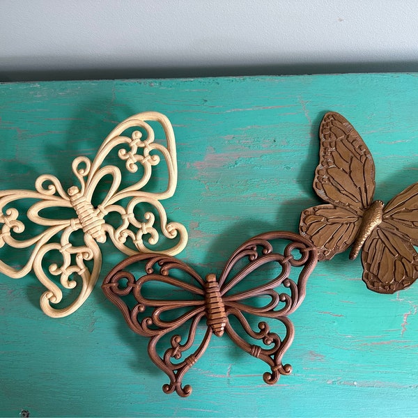 Vintage Assortment of. 3  Plastics Faux Wicker Butterfly Hanging | Groovy Boho Decor | Girls Room Decor | Homco | Dart Inc