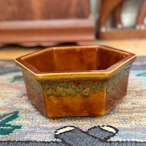May include: A hexagonal brown ceramic planter with a green glaze. The planter has a slightly raised rim and a textured base.