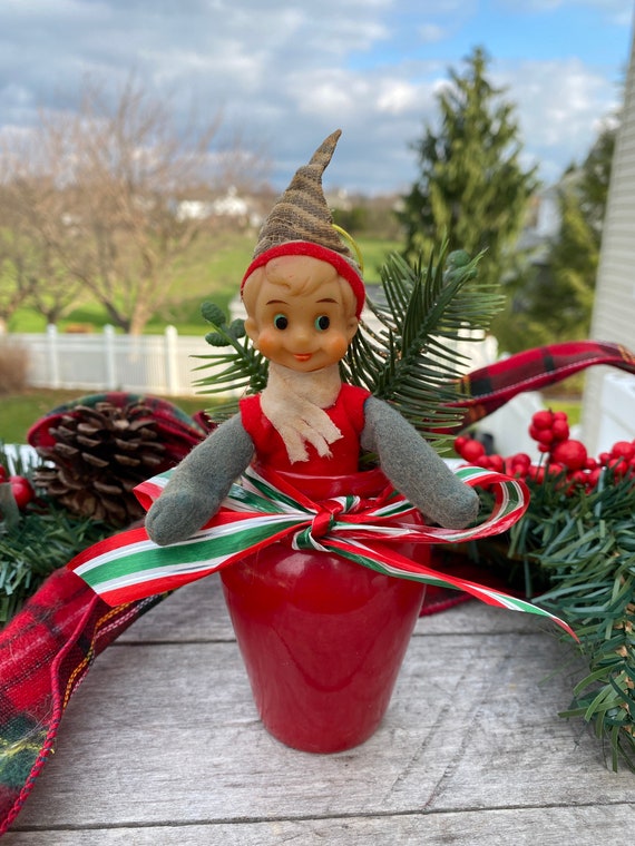 Vintage Elf on Shelf /Poseable Felt Elf Ornament in a Red Vase Etsy