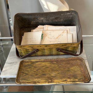 Vintage Shabby  Metal Picnic Basket Containing Over 50  Vintage Greeting Cards fromThe 1930s/1940s