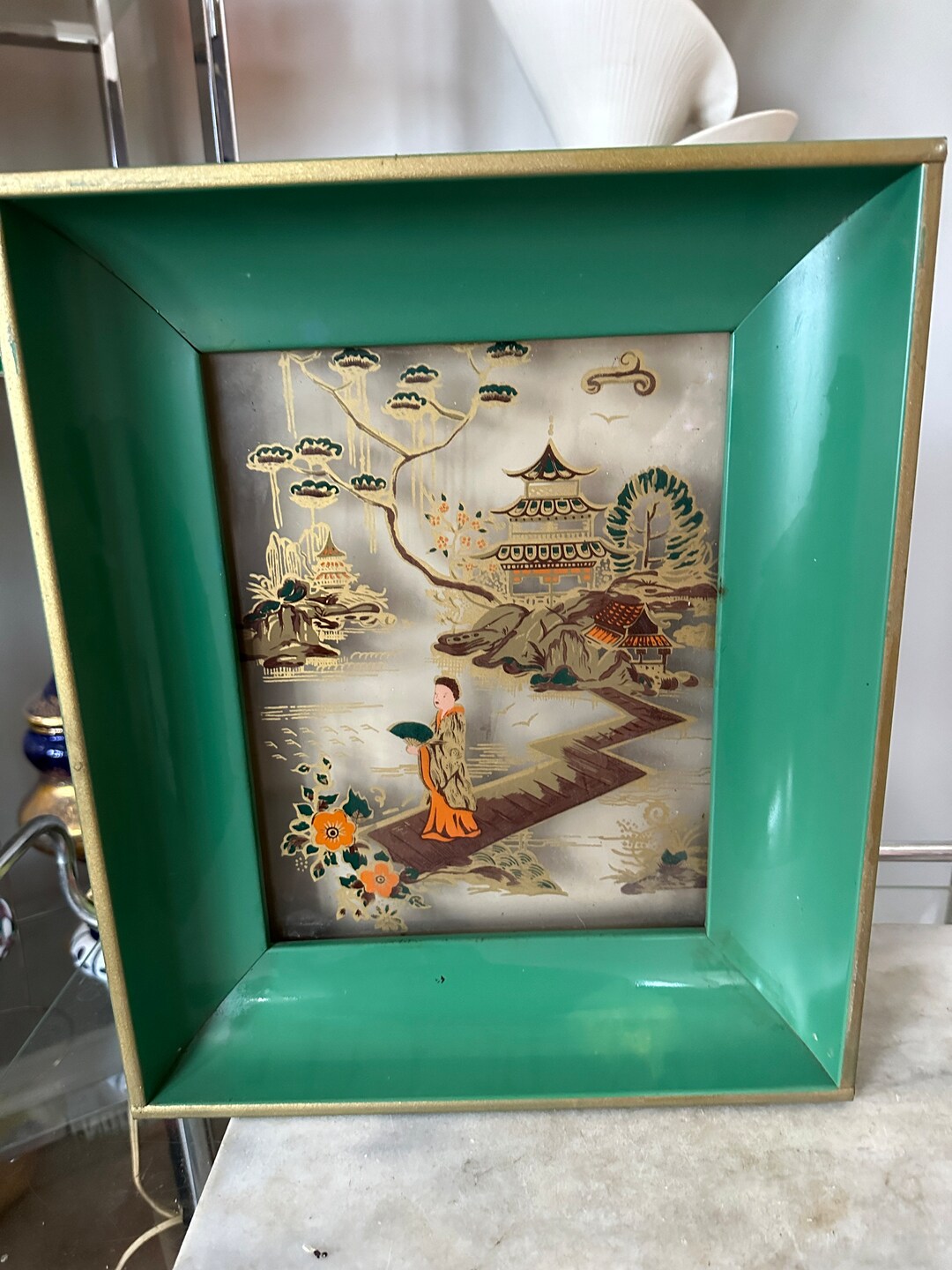 Vintage Midcentury Asian Chinoiserie Light up Framed Wall Art, Framed