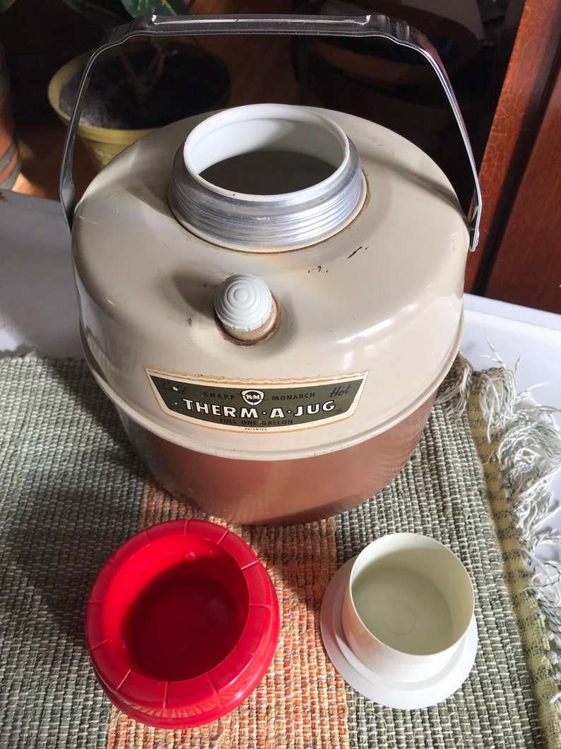 1950s Thermal Cooler Vintage Brown and Ivory metal finish Knapp Monarch Therm-a-Jug holds 1 Gallon thermos