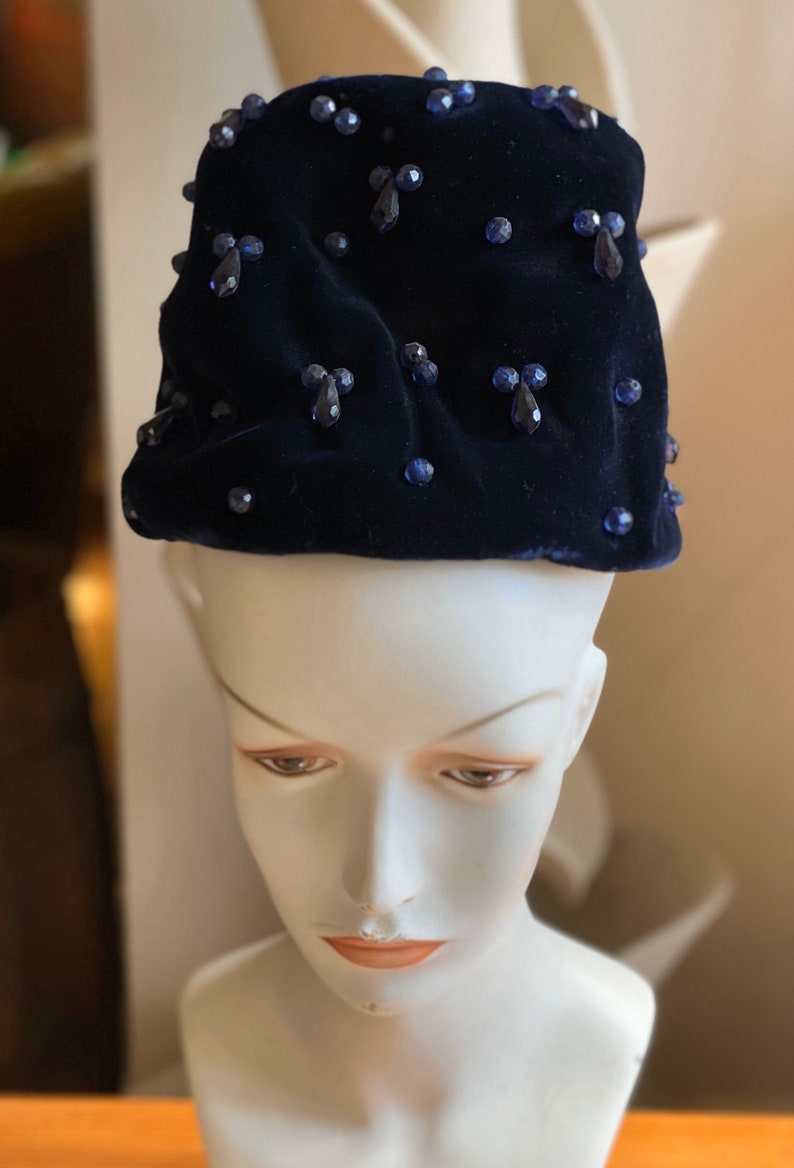 Vintage Marche Exclusive Navy Blue Velour Beaded Hat from the 1960s