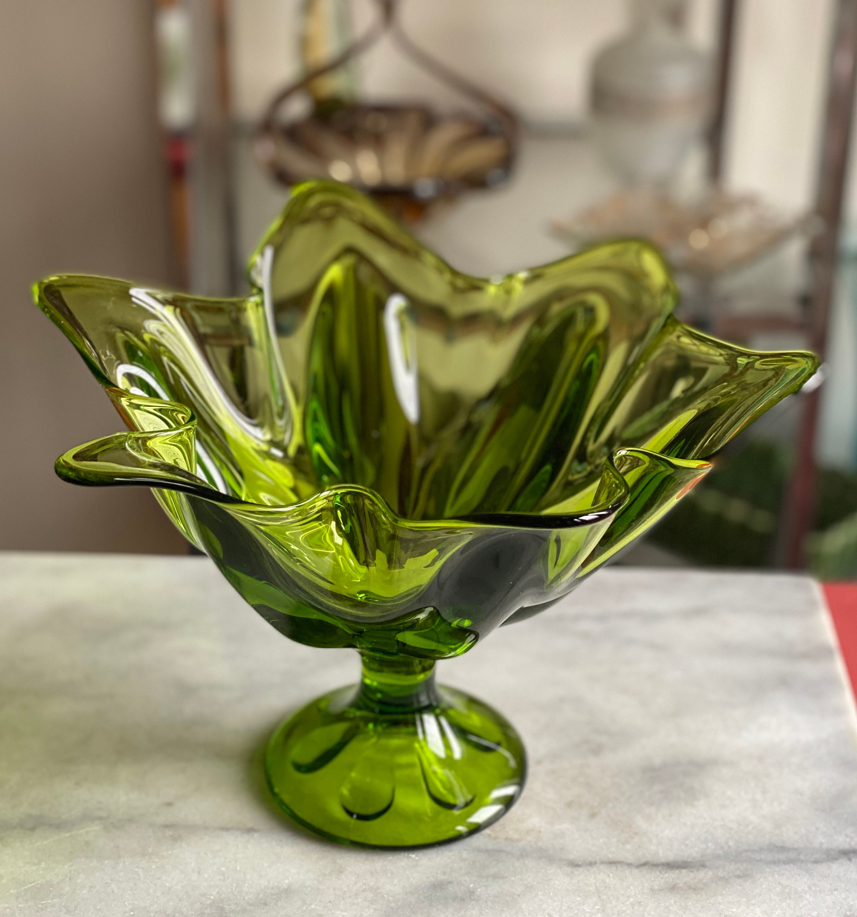 Vintage Green Viking Epic Drip Glass Pedestal Vase Collectible Glass