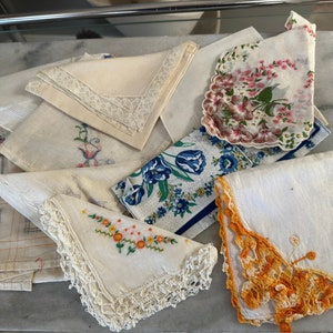 10 Vintage Shabby Chic Floral and Lace Hankies - Gorgeous Ivory, Yellows, Purples, Blue, and brown colored Hankies - Vintage Hankies Lot