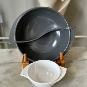 Vintage Boonton Melamine Bowls: Grey Divided Serving Bowl & White Bowl Set
