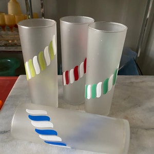 Vintage Frosted Highball Glasses: Colorful Candy Stripe Barware, Set of 4