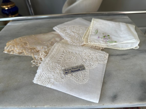 5 Vintage Shabby Chic Linen and Lace Hankies - Go… - image 2