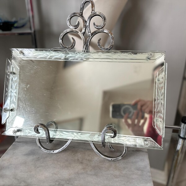 Vintage Art Deco Style Etched Lucite Mirror Vanity Tray