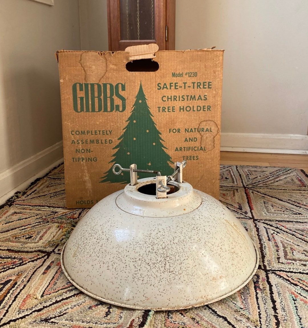Vintage Christmas Tree Stand Gibbs Safettree Holder 1960s White, Gold