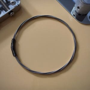 May include: A silver guitar string wound into a circle, with a coiled section at the bottom.