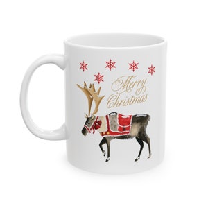 Merry Christmas Reindeer Ceramic Mug, Scandinavian Aesthetic Holiday Mug, Gift Idea for Coffee Lover