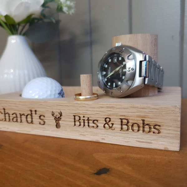 Personalised Solid Oak Bits and Bobs Tray - Father’s Day Gift - Dad/Grandad/Mum/Nanny gift Wooden Watch Holder - Change Holder - Ring Holder