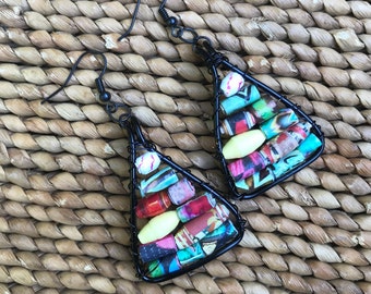 Earrings, Paper Beads, Multicolored, Boho, Contemporary, Unique