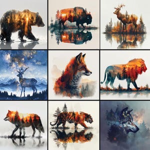 Pode incluir: Uma coleção de nove retratos de animais, cada um com um animal diferente: um urso, um bisonte, um veado, uma raposa, um leão, um lobo e um tigre. Os animais são retratados com uma paisagem de árvores e um pôr do sol.
