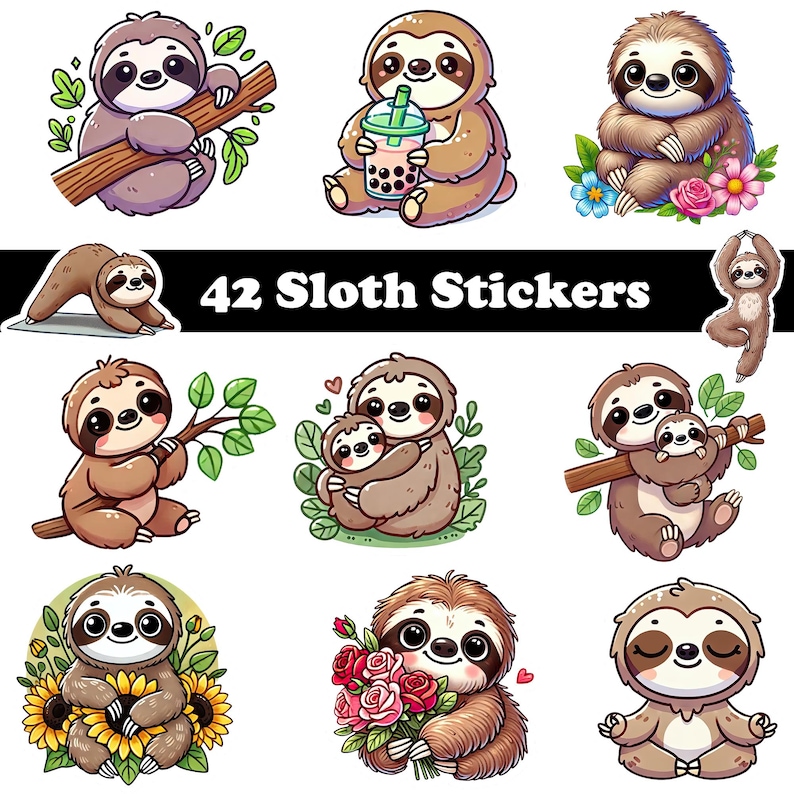 42 Sloth Sticker Bundle, Baby Animal Clipart Png for Sloth Lover ...
