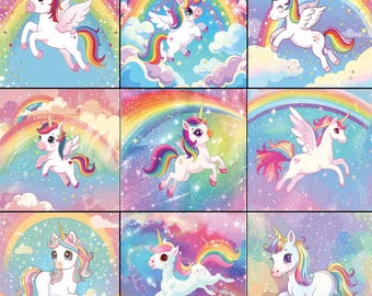 May include: Nine colorful illustrations of unicorns with rainbow manes and tails, set against backgrounds of rainbows, clouds, and starry skies. Each unicorn has a golden horn and some have wings. The images are vibrant and whimsical.