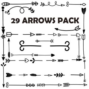 Op de afbeelding: Een set van 29 zwart-witte pijl illustraties. De pijlen zijn in verschillende stijlen, waaronder eenvoudig, versierd en grillig. De tekst "29 ARROWS PACK" staat bovenaan de afbeelding.