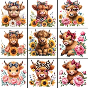 11 Pacote de vacas das Terras Altas com flores de primavera em PNG, Ilustração digital de vaca para download para impressão, Vaca fofa, novilha das Terras Altas em PNG, Criação de cartões, Clip Art
