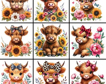 11 Spring Floral Highland Cow Bundle Png, Cow Illustration Digital Download Printable, Cute Cow Highland Heifer Png, Card Making, Clip Art