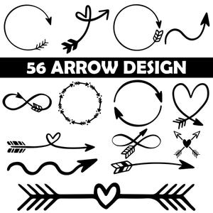 Op de afbeelding: Een verzameling van 56 zwarte pijldesigns in verschillende stijlen, waaronder gebogen, rechte en hartvormige pijlen. De tekst "56 ARROW DESIGN" wordt weergegeven in een vetgedrukte, witte lettertype op een zwarte achtergrond.